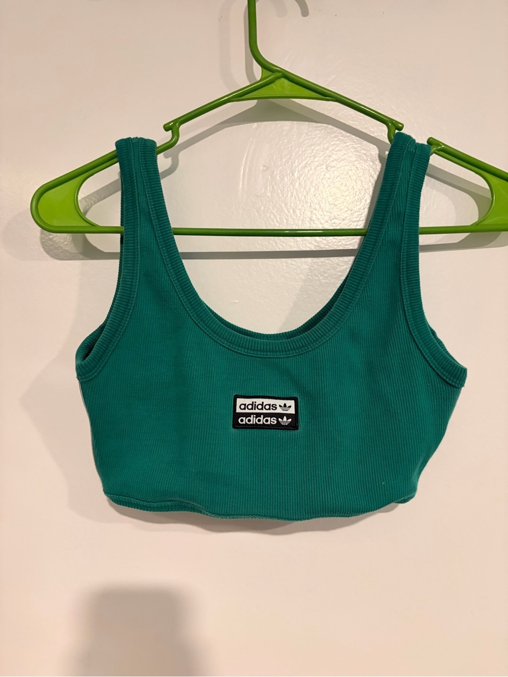 adidas Teal Ribbed Crop Tank with Center Logo Patch